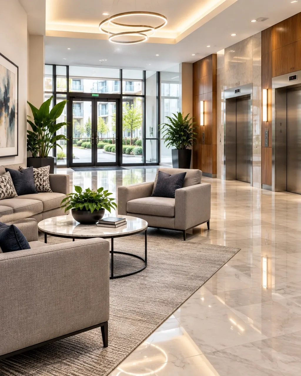 Welcoming residential building lobby with clean polished floors