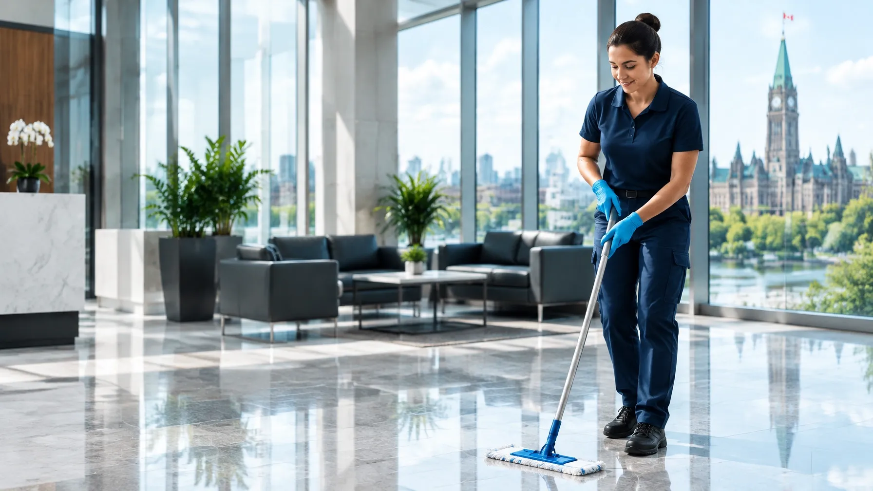 CleanOps team member caring for a bright Ottawa commercial lobby
