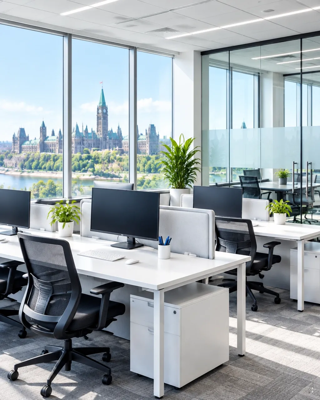 Bright, clean professional office with glass partitions